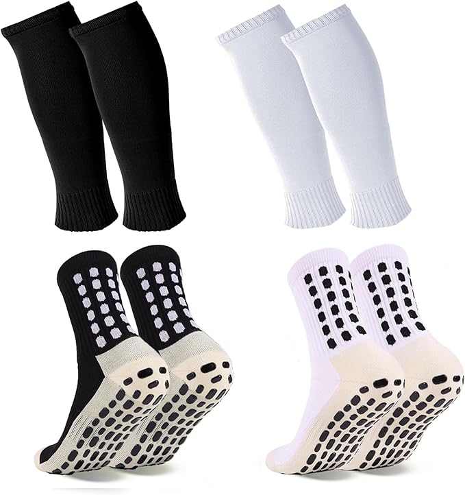 2 Set Grip Soccer Socks and Shin Guard Sleeves Non Slip Soccer Sleeve Socks for Men Women
