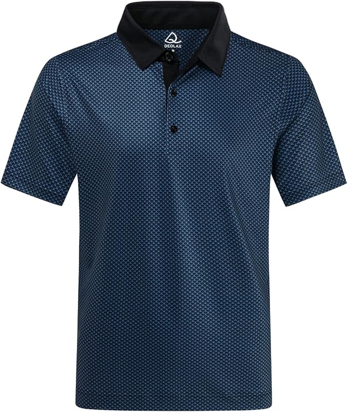 A navy blue men's performance golf polo with a geometric print, featuring a 3-button placket and structured collar.