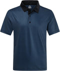 A navy blue men's performance golf polo with a geometric print, featuring a 3-button placket and structured collar.