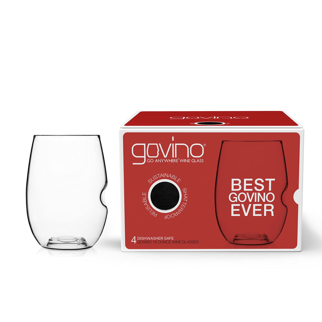 Set of four 16 oz Govino Go Anywhere wine glasses made from durable, clear polymer.