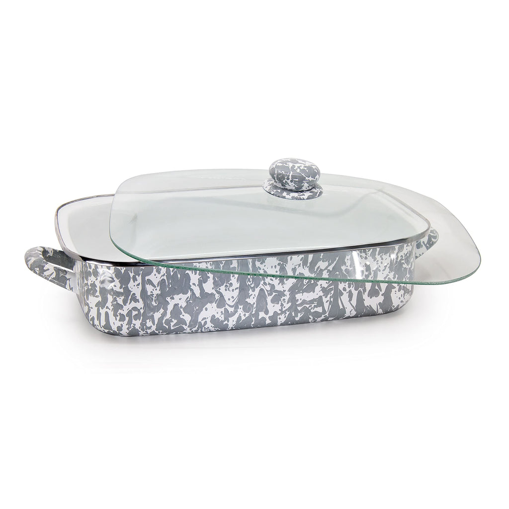 10.5qt Enamelware Roasting Pan with Tempered Glass Lid, Black Swirl