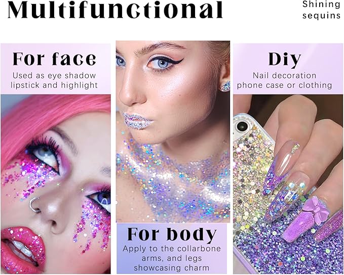 Roll-on Holographic Body Glitter Gel for Face Hair, Chameleon Color Changing Glitter Gel Under Light, Chunky Mermaid Sequins Festival Party Rave Accessories Shimmer Makeup (10# Neon Violet)