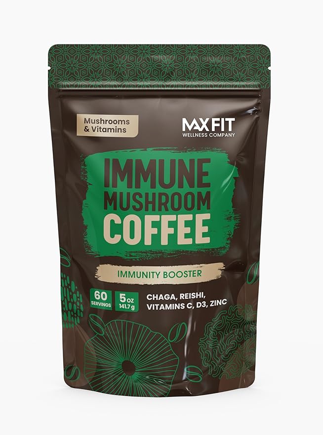Immunity Mushroom Coffee (60 Servings) Mental Focus Plus Wellness Boost for Immune System Support - Chaga, Reishi & Vitamins C, D3, and Zinc, Mixed with Gourmet 100% Arabica Instant Coffee
