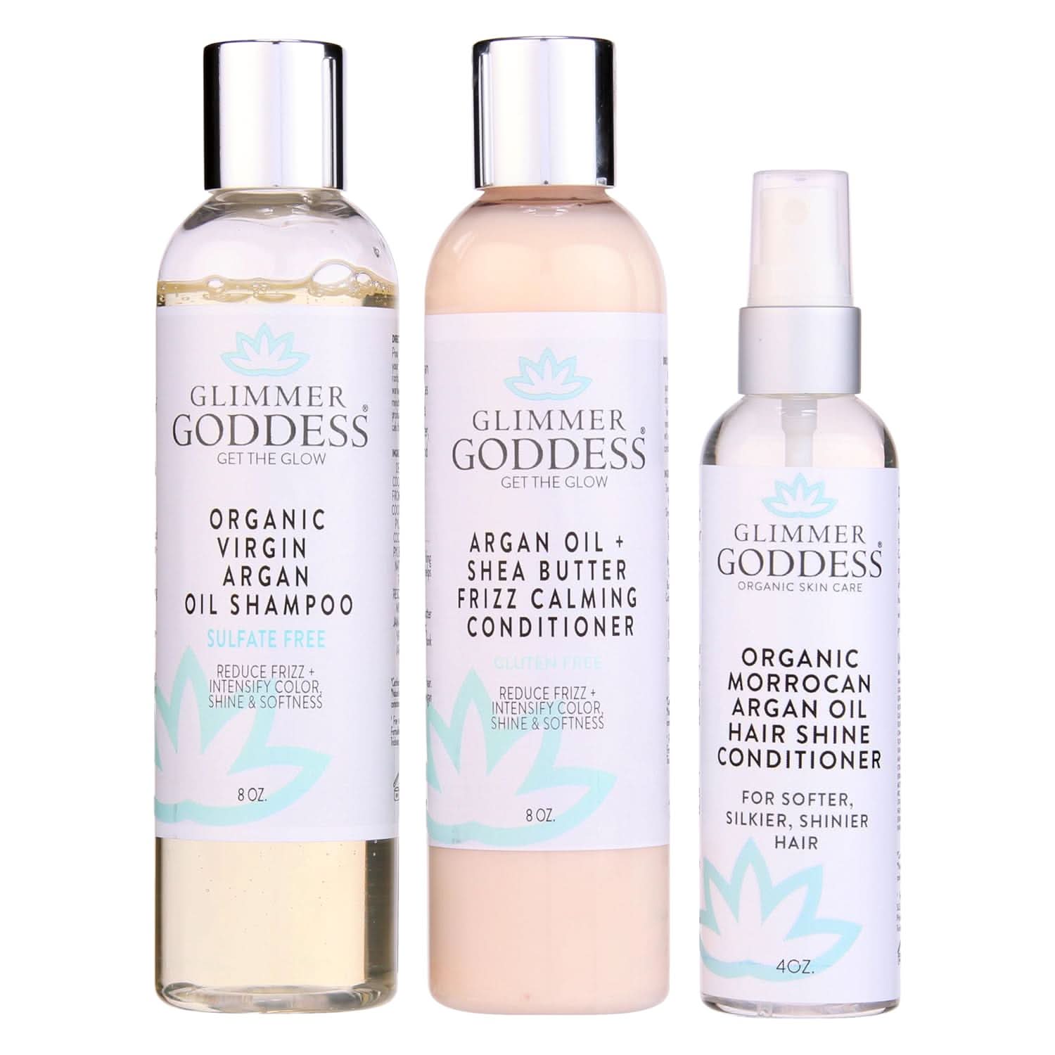Glimmer Goddess Organic Argan Oil Hair Treatment Trio including shampoo, conditioner, and shine spray.