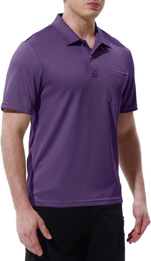 Men's Short Sleeve Quick Dry Polo Shirt with Chest Pocket for Golf