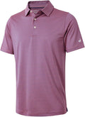 Men's striped short sleeve golf polo shirt in pink and dark-blue with moisture-wicking performance fabric.