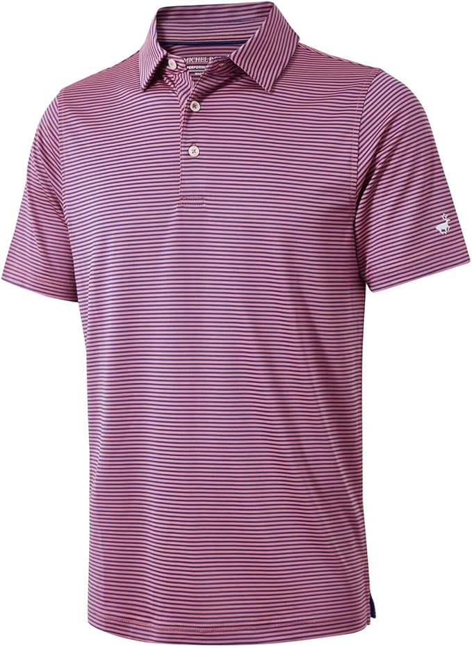 Men's striped moisture-wicking golf polo shirt with a button closure and no-curl collar