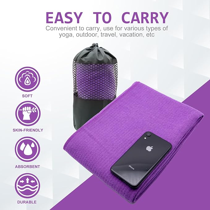 Eunzel Yoga Towel,Hot Yoga Mat Towel with Grip Dots Sweat Absorbent Non-Slip for Hot Yoga, Pilates and Workout 24" x72", Purple