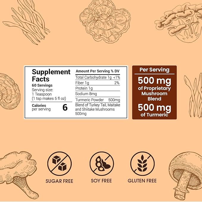 Skinny Instant Mushroom Coffee (60 Servings) Mental Focus Plus Diet Support - Turkey Tail, Maitake, Shiitake & Turmeric, Mixed With Gourmet 100% Arabica Medium Roast Instant Coffee