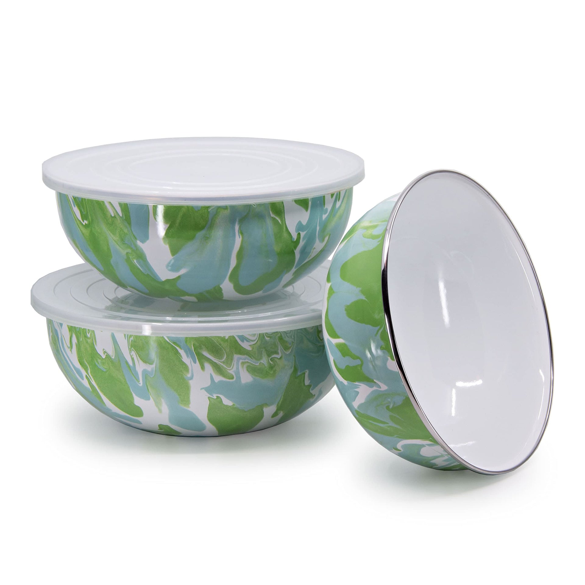 Modern Monet Enamelware Mixing Bowls, Set of 3 Green and Teal