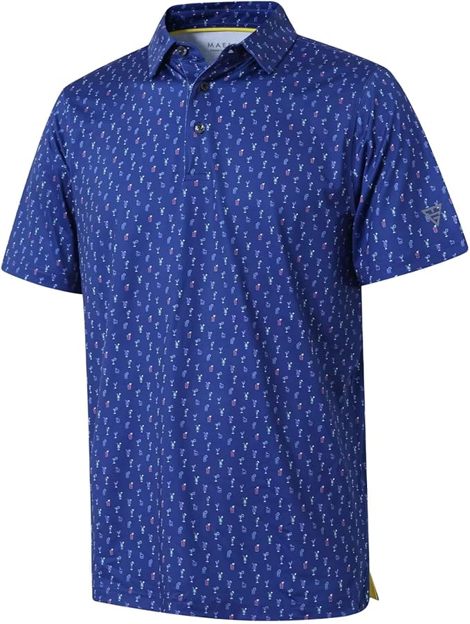 MAE brand performance striped golf polo available in blue, white, and red.
