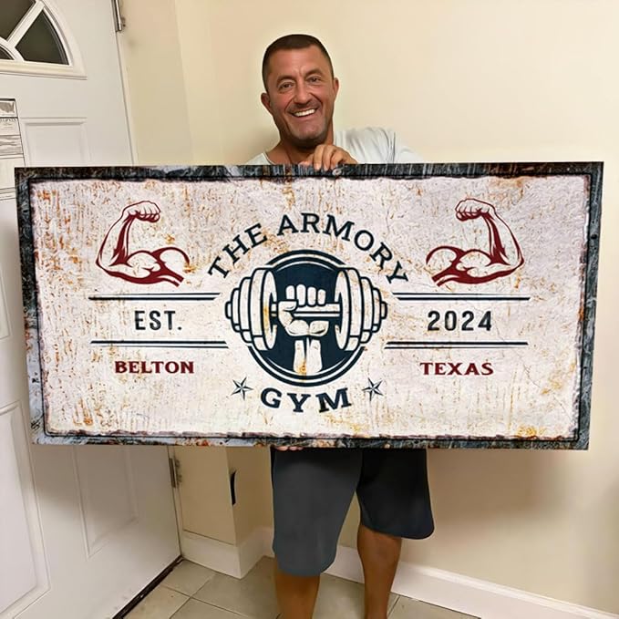 Tailored Canvases Personalized Gym Sign Wall Art Decor - Motivational Canvas for Home Gym, Workout Room, Garage, Fitness Center - Workout Inspirational Posters - One Hand with Dumbbell on Rustic, 60x30in