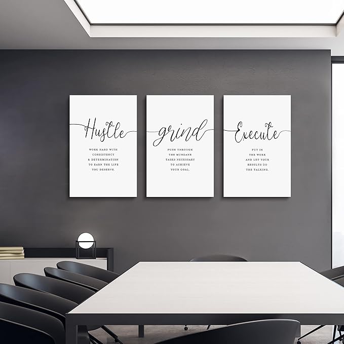 Framed Canvas Wall Art Hustle Quote, Office Wall Art, White Large Poster, Positive Motivational Set of 3 Prints, Execute Hustle Grind, Inspirational Print (H-3pcs,20x30inchx3pcs)