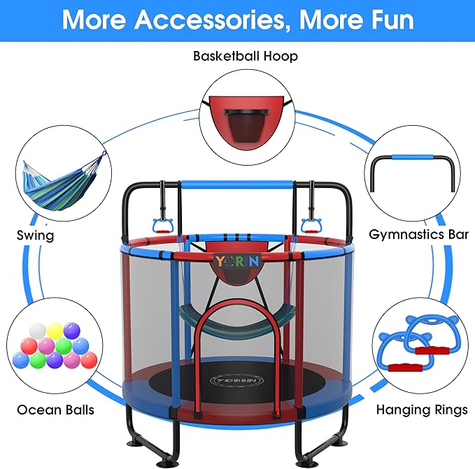 Kids Mini Trampoline with Basketball Hoop, Swing & Gymnastics Bar