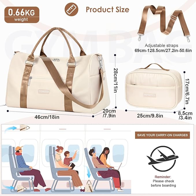 FIORETTO Womens Gym Tote Duffle Bag with Toiletry Bag, Sports Duffel Overnight Hospital Workout Carry on Bag for Girls with Wet Pocket & Shoe Compartment, Ideal for Travel, Swimming, Beige & Brown