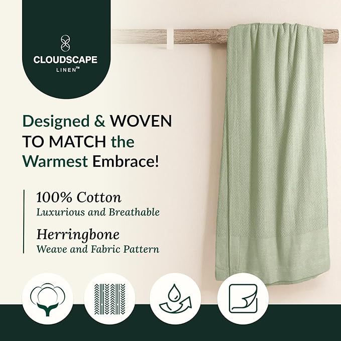 Cloud Scape Linen Herringbone Cotton Throw Blanket for Couch, Bed,Sofa, Home Decor, Soft, Lightweight, All-Season Bed Blanket, 50 x 70, Seafoam Green