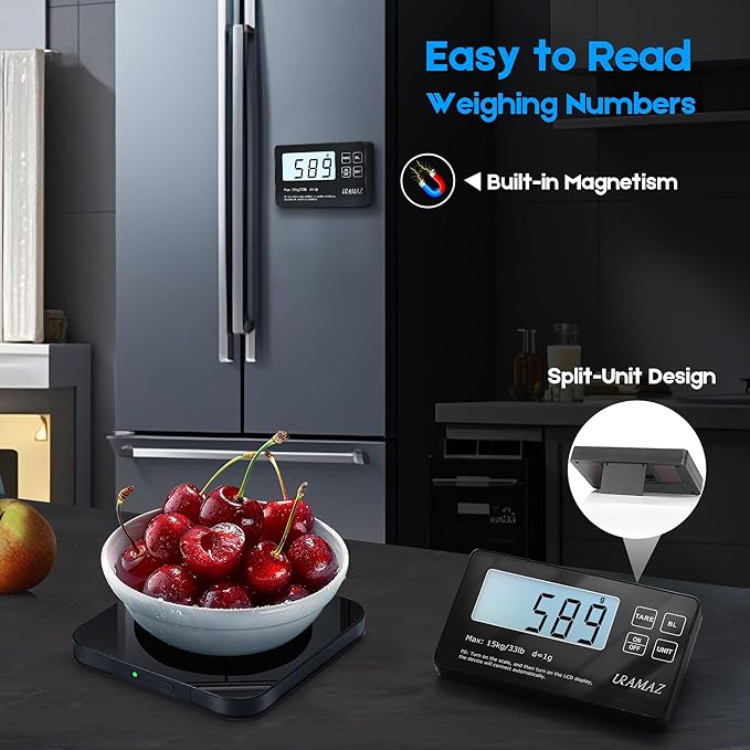 Food Scale with Detachable Display, 33lb Stainless Steel Kitchen Scales Digital Weight Grams and Ounces, Digital Food Scales for Kitchen, Baking Scale for Sourdough Bread Cooking, Weight Loss 1g/0.1oz