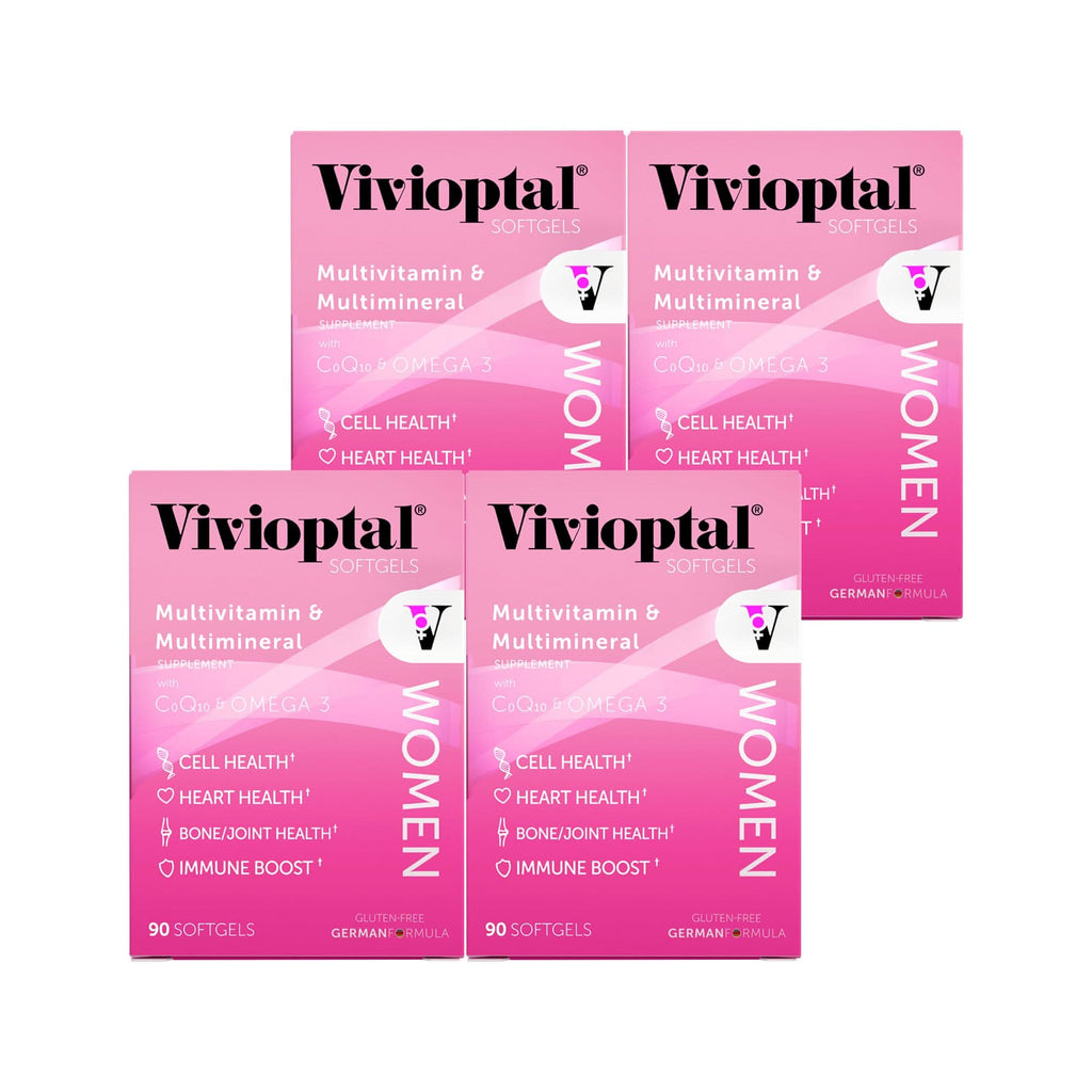 Vivioptal Women multivitamin bottle with CoQ10 and Omega-3 capsules