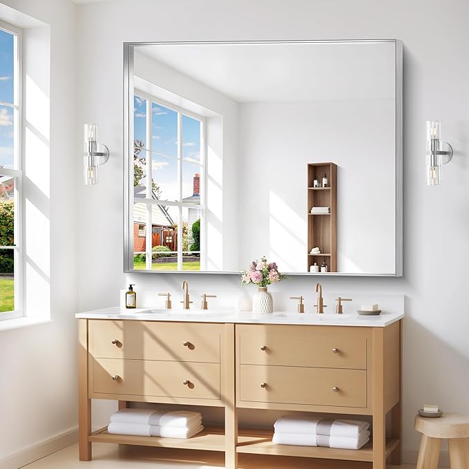 Silver Bathroom Mirror, 40x48 Inch Rectangular Framed Mirror, Large Wall Mounted Bathroom Vanity Mirror Over Sink for Bedroom,Restroom, Living Room, Hangs Vertically or Horizontally