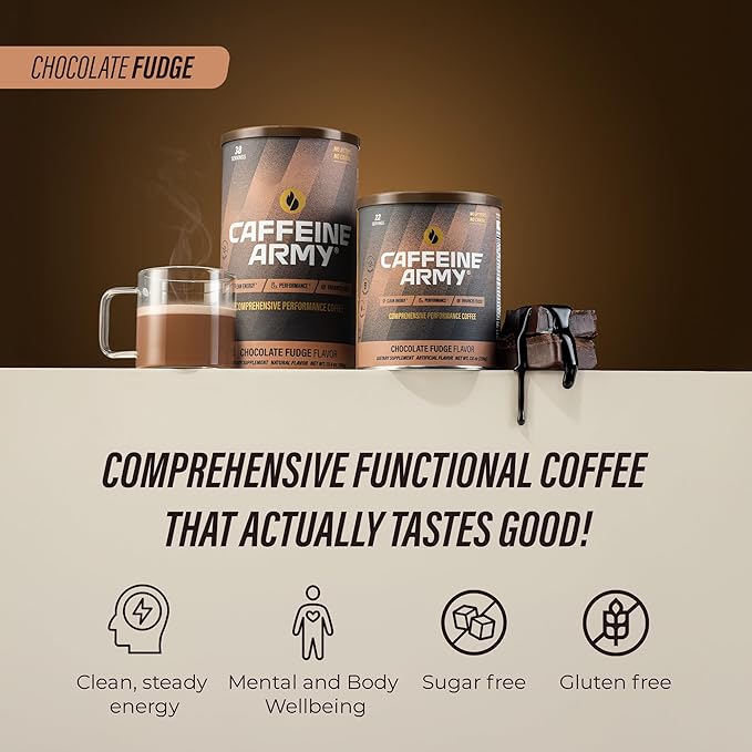 CAFFEINE ARMY Chocolate Fudge | Comprehensive Functional Coffee with MCTs, CoQ10, Collagen and Adaptogens: Clean Energy + Supports Daily Attention, No Jitters or Crash (13.4oz 38 Servings)