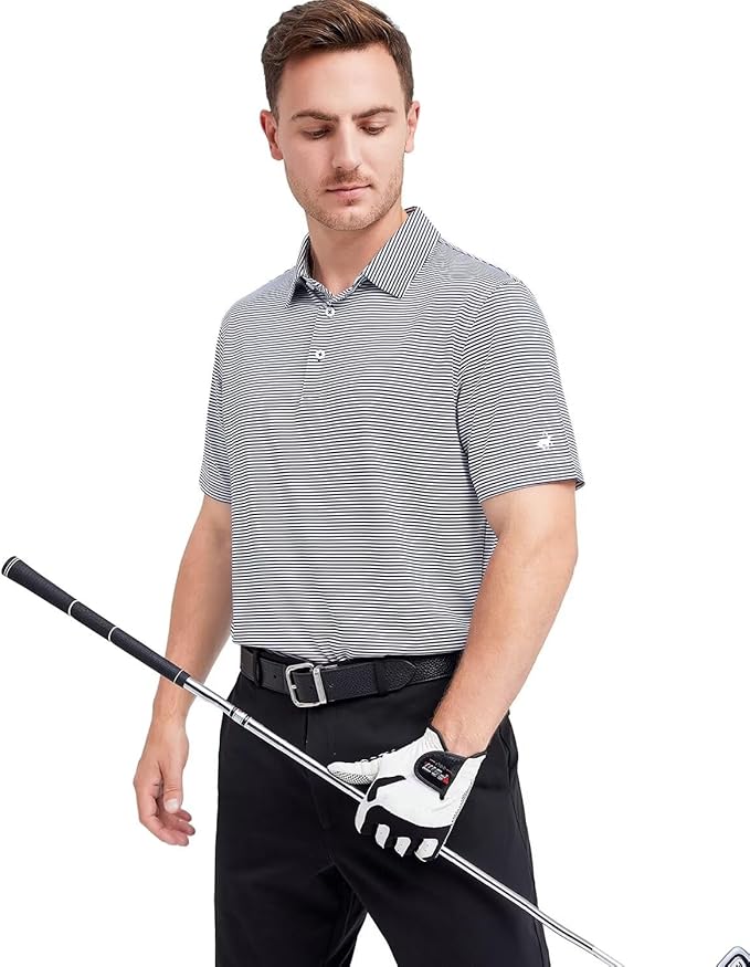 Mens Striped Performance Golf Polo Shirt - Moisture Wicking Dry Fit
