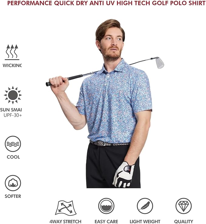 Men's Performance Striped Golf Polo Short Sleeve Moisture Wicking