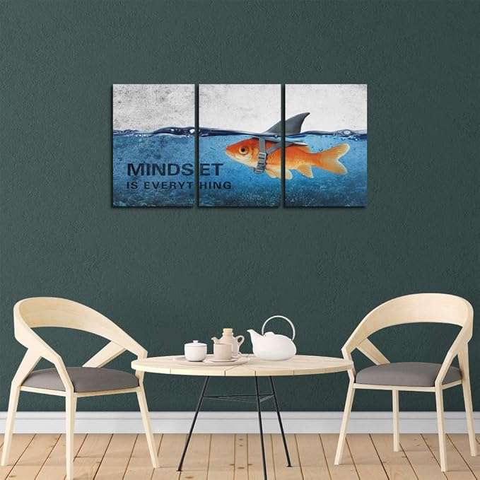 3 Panels Modern Framed Inspirational Canvas Wall Art Goldfish Body Strong Shark Heart Mindset is Everything Motivational Wooden Decor Posters for Office Gym Classroom Home Decoration(48''W x 24''H)