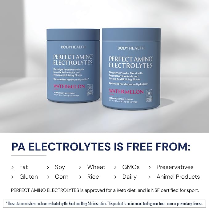 BodyHealth PerfectAmino Electrolytes Powder No Sugar, Hydration Fasting Keto Zero Sugar Electrolytes Drink Mix with Trace Minerals - NSF Certified for Sport - Watermelon - 66 Servings