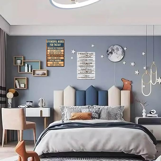 Teen Boys Room Decor - Cool Inspirational Wall Art Teenage Girl Bedroom Stuff 7 Rules of Life Metal Tin Signs for 10-18 Year Old Teens Room Accessories 8x12 Inch