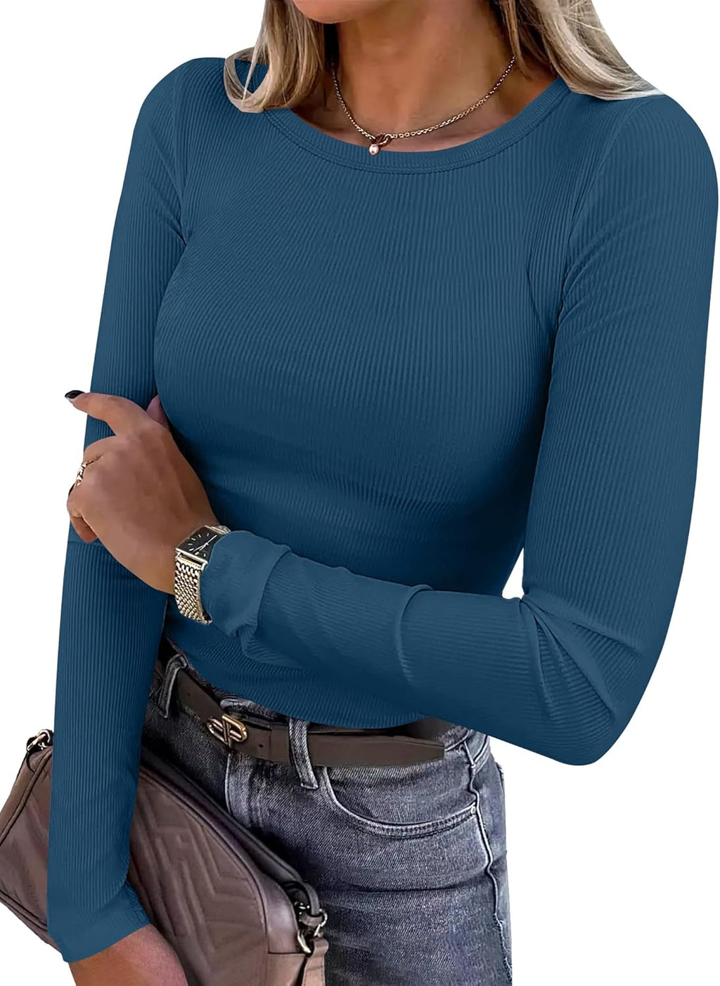 Women's Long Sleeve Rib Knit Shirt Slim Fit Crew Neck Basic Tee