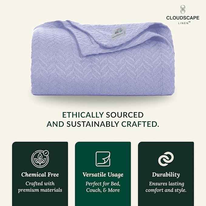 Cloud Scape Linen Herringbone Cotton Throw Blanket for Couch, Bed,Sofa, Home Decor, Soft, Lightweight, All-Season Bed Blanket, 50 x 70, Lavender Blue