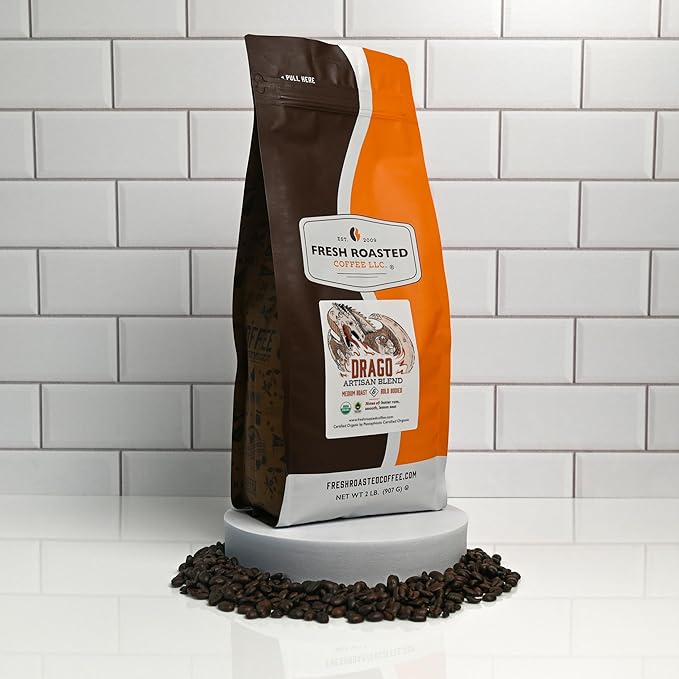 Fresh Roasted Coffee, Organic Drago Café Blend | USDA Organic, Kosher | Medium Roast 2 lb (32 oz) Whole Bean