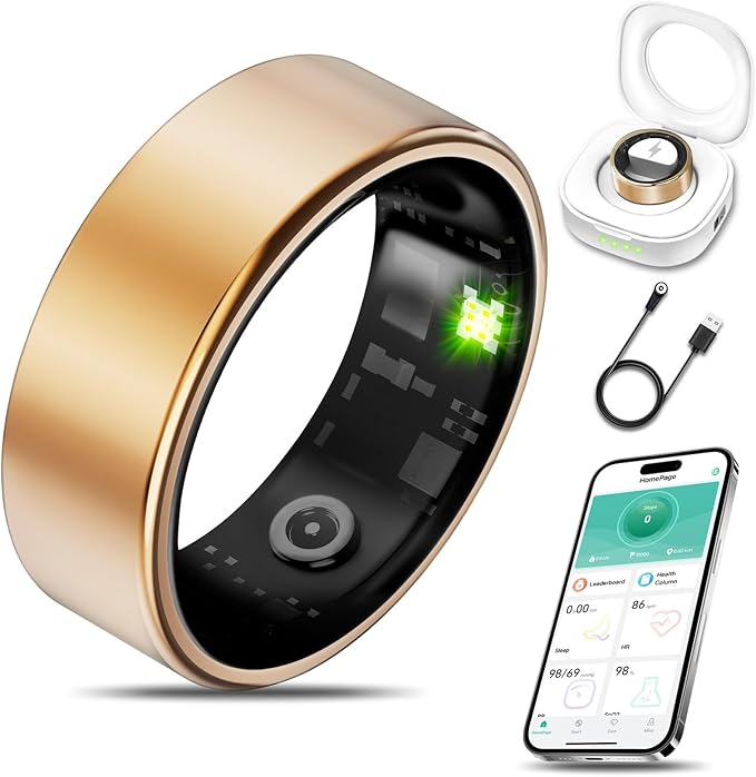 Smart Health Ring for Women Men Fitness Tracker with Heart Rate, Blood Oxygen, Blood Pressure, Sleep Monitoring, Step Counting, IP68 Waterproof for iOS and Android, No Subscription Fee, Gold 6#