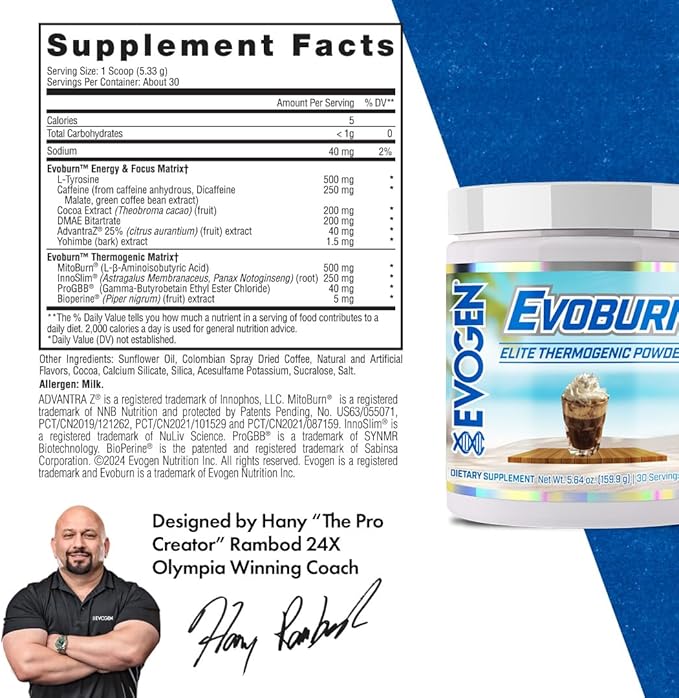 Evogen Evoburn - Thermogenic Fat Burner for Men & Women | Energy, Focus, & Appetite Control | Advanced Metabolism Booster Fat Burner Formula with MitoBurn & Caffeine | Iced Mocha Coffee | 30 Servings