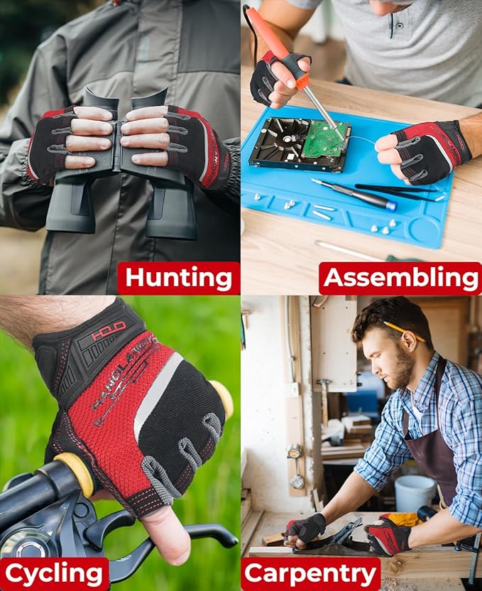 HANDLANDY Fingerless Work Gloves for Men, Half Finger Working Glove Grip Shock-Absorbing Breathable Uwrist TPR Anti-collision Gloves for Mens & Women (M)