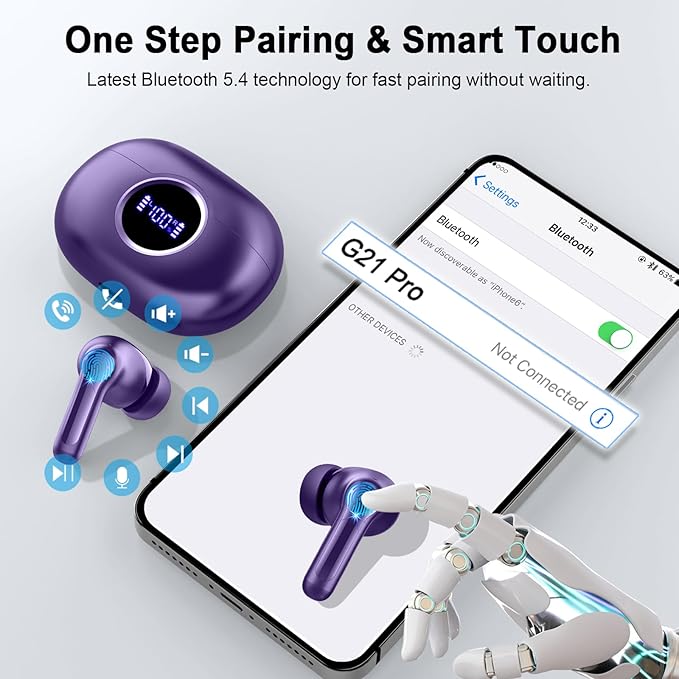 Bluetooth 5.4 Earbuds, 2025 Wireless Headphones Hi-Fi Stereo Ear Buds, 4 ENC Noise Cancelling Mic, 40+Hrs USB-C in-Ear Earphone, IP-X7 Waterproof Sport Workout Gym for Laptop Pad Android iOS