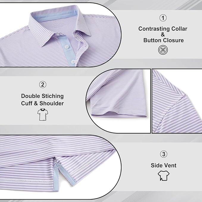 Men's Performance Striped Golf Polo Moisture Wicking Sport Shirt