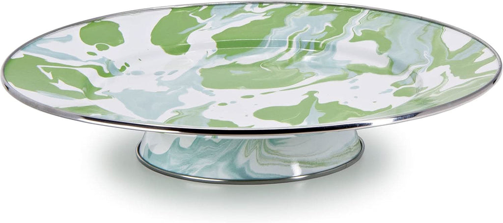 Modern Monet patterned enamelware cake plate displaying a baked dessert.