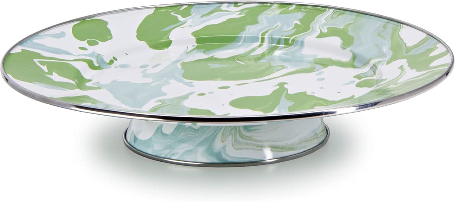 Modern Monet patterned enamelware cake plate displaying a baked dessert.