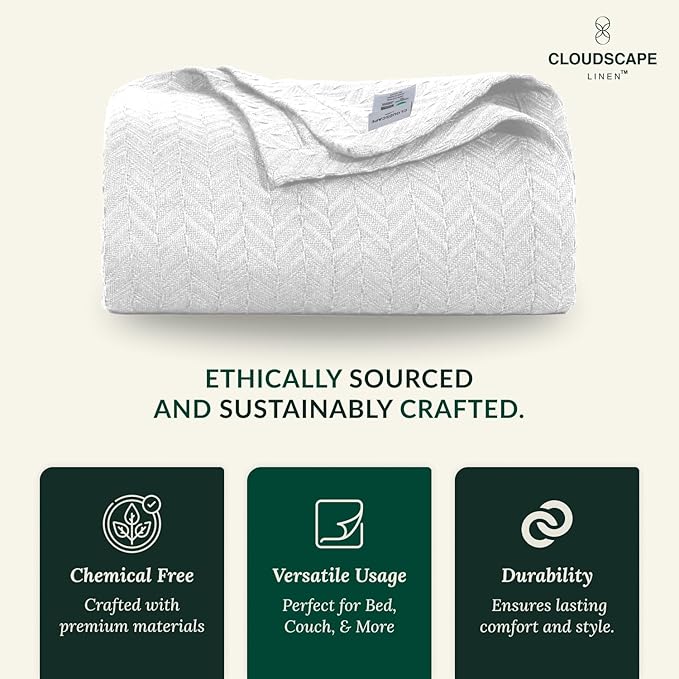 Cloud Scape Linen 100% Cotton Queen Size Blanket, Herringbone Pattern, Lightweight Summer Blanket,Best Gifts for Women, fits Full Size Bed, 92 x 92, White