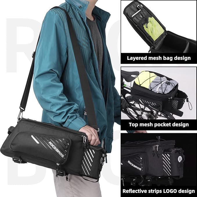 ROCKBROS Bike Rack Bag Bicycle Bag Trunk Rear Rack Bag Bike Panniers Bike Accessories Basket Storage Luggage Saddle Shoulder Bag 13L for E bike, Bicycle With Rain Cover Biking Accessories Gear