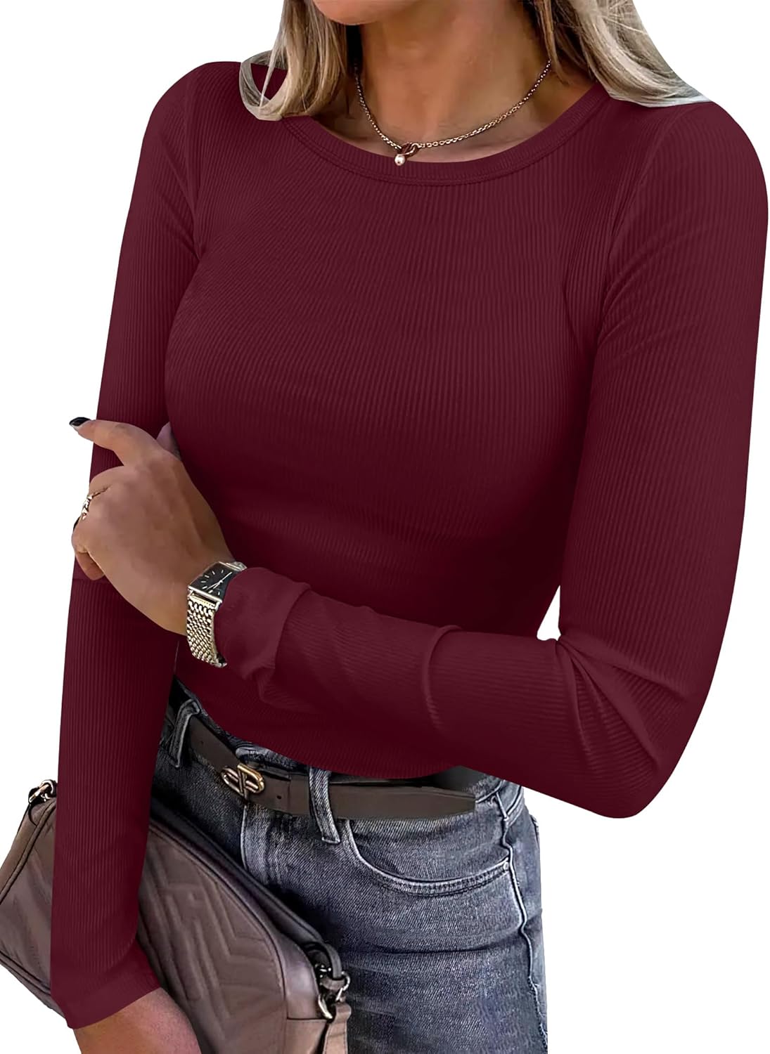 Women's Long Sleeve Rib Knit Shirt Slim Fit Crew Neck Basic Tee