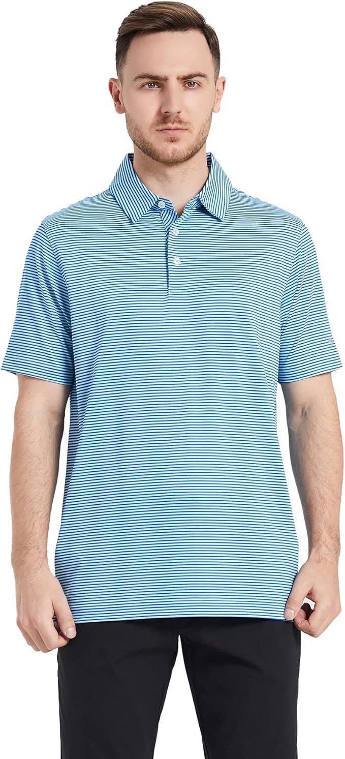 Men's Striped Performance Golf Polo Shirt Moisture Wicking Dry Fit