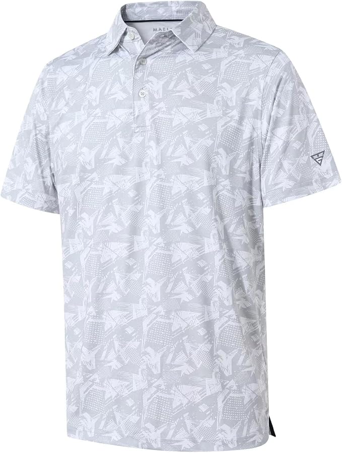 Close-up view of a men's striped performance polo shirt