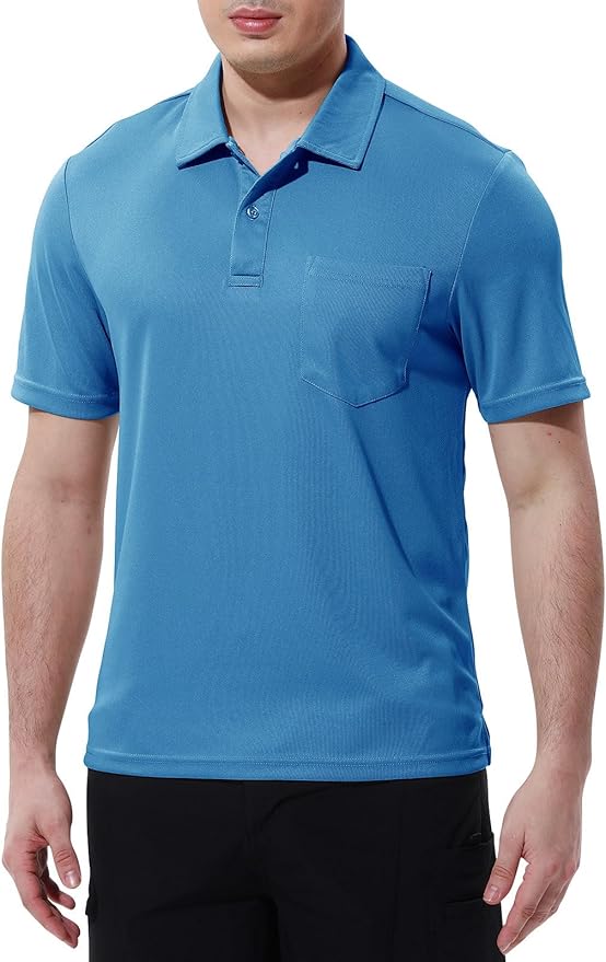 Men's Short Sleeve Quick Dry Polo Shirt with Chest Pocket for Golf