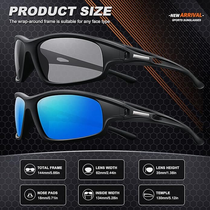 Polarized Sports Sunglasses for Men 100% UV Protection Wrap Around Unbreakable Sun Glasses for Fishing Driving