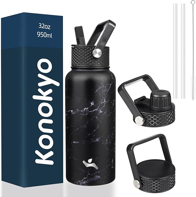 32 oz Insulated Water Bottle Stainless Steel Sport Bottles with 3 Lids,Marble Midnight