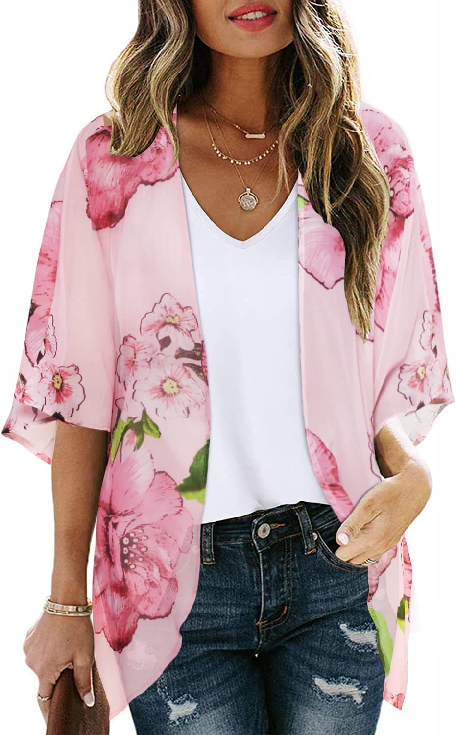Floral Print Kimono Cardigan Women Puff Sleeve Cover Up Casual Blouse Loose Top