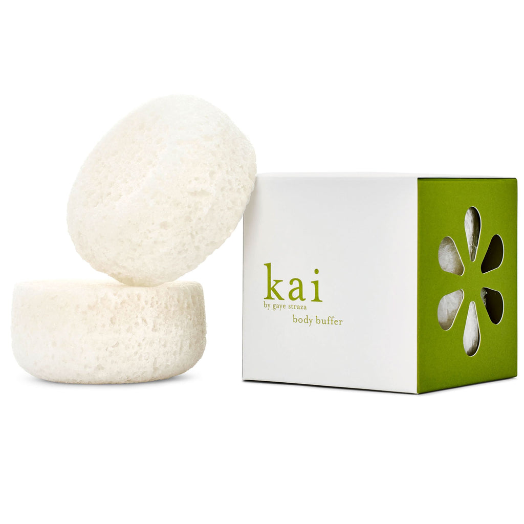 Two kai Body Buffer sponges in recyclable packaging