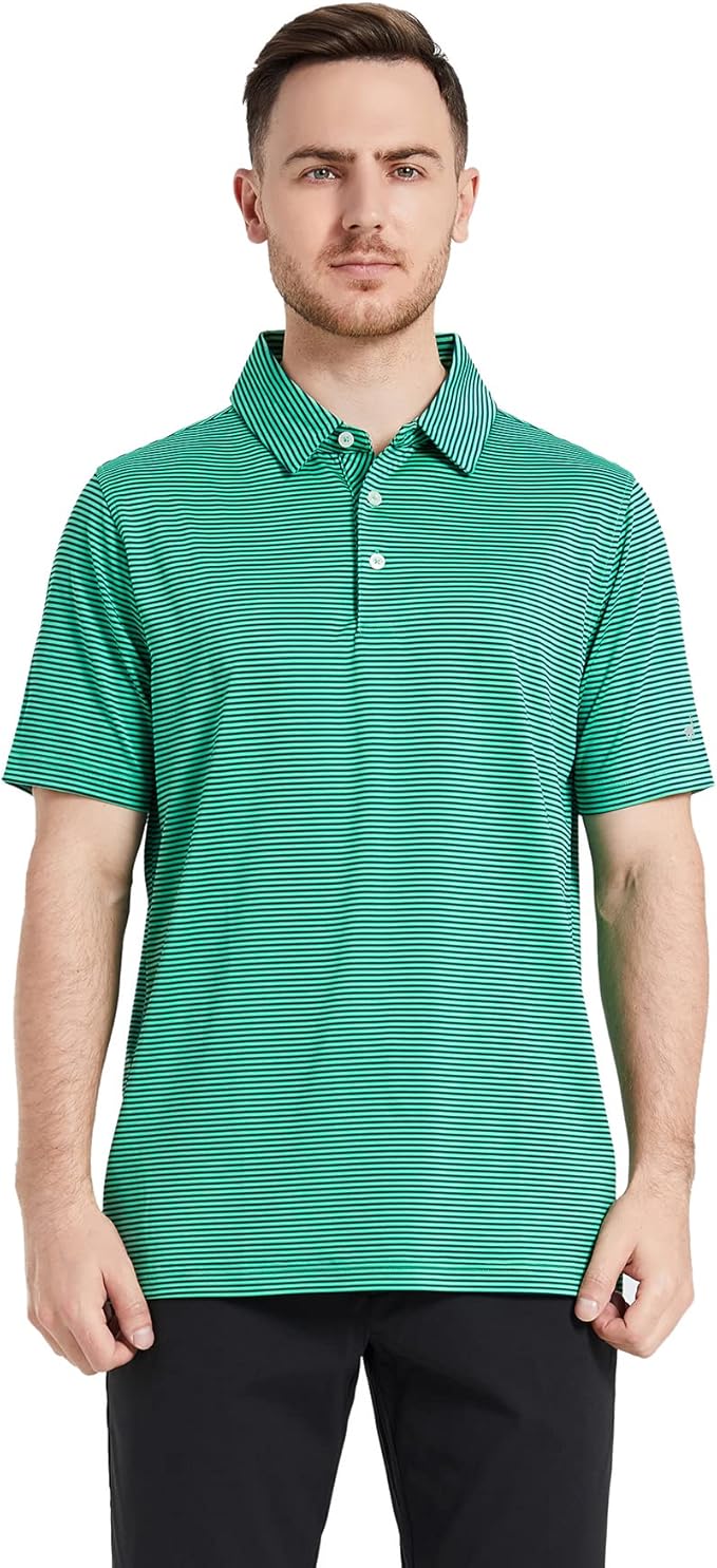 Men's Striped Performance Golf Polo Shirt Moisture Wicking Dry Fit
